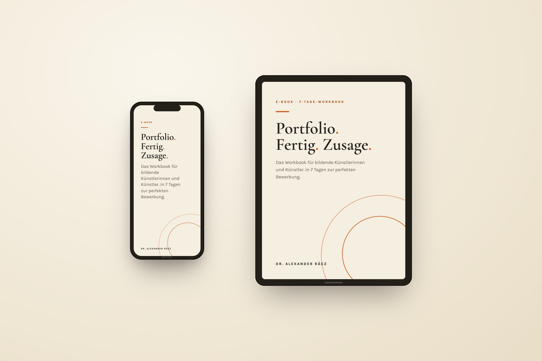 Ebook „Portfolio. Fertig. Zusage.“ von Dr. Alexander Rácz auf Smartphone und Tablet